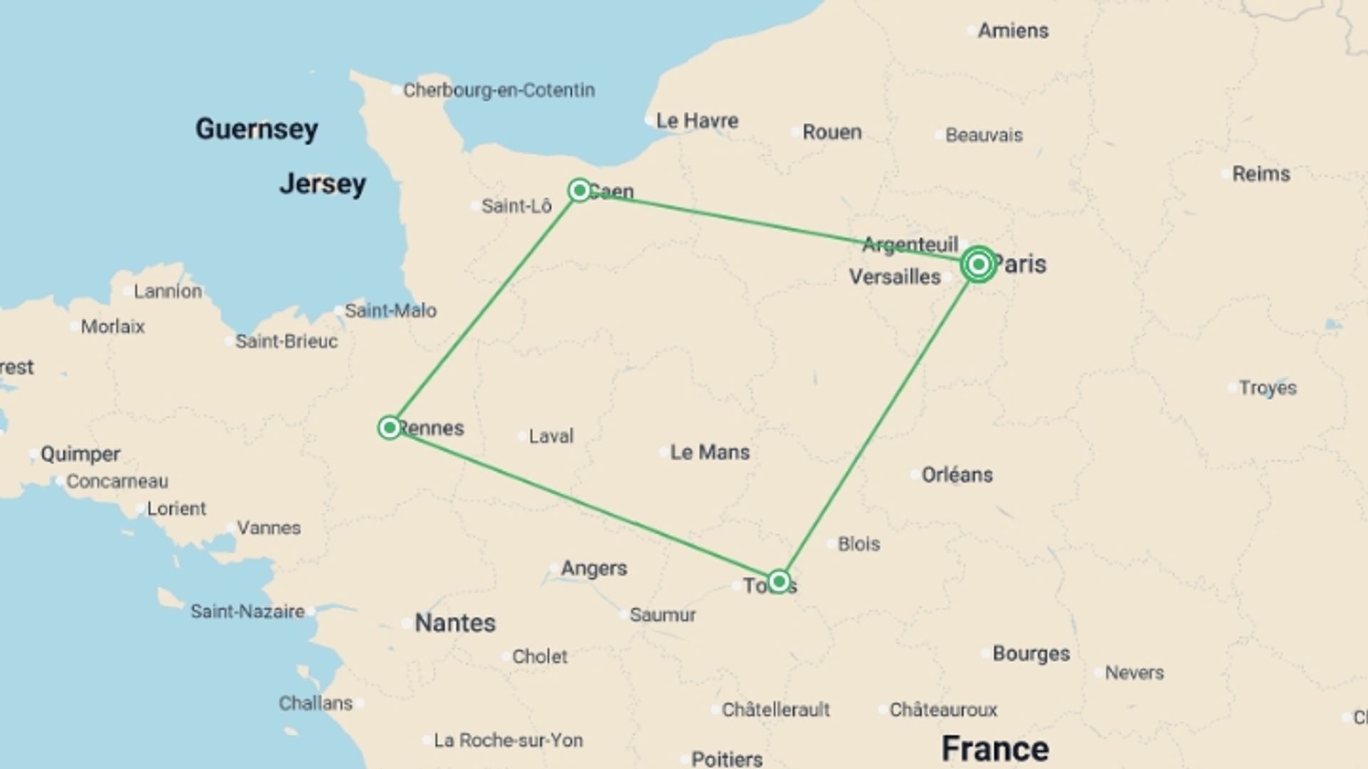A map showing the tour itinerary for the trip: France Mon Amour, starting in Paris, France and ending in Paris, France going through 3 other destinations.