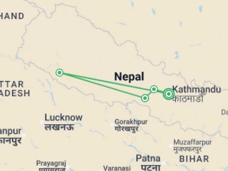 Map of Kathmandu Explorer Tour with 4 destination visits for the trip: Nepal Wildlife Safari