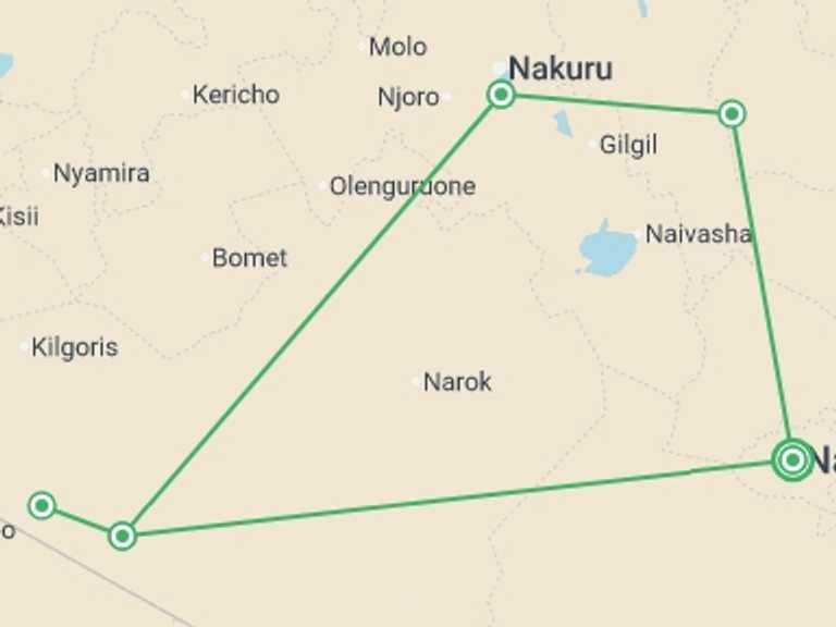 Map itinerary of Africa Tour in October 2026 with 5 destination visits for the trip: Upgraded - Highlights of Kenya