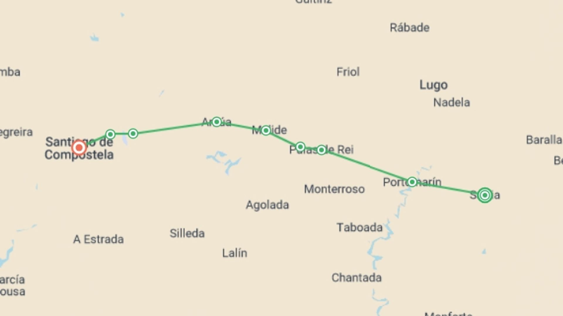 A map showing the tour itinerary for the trip: Hiking the Camino de Santiago, starting in Sarria, Spain and ending in Santiago De Compostela, Spain going through 5 other destinations.