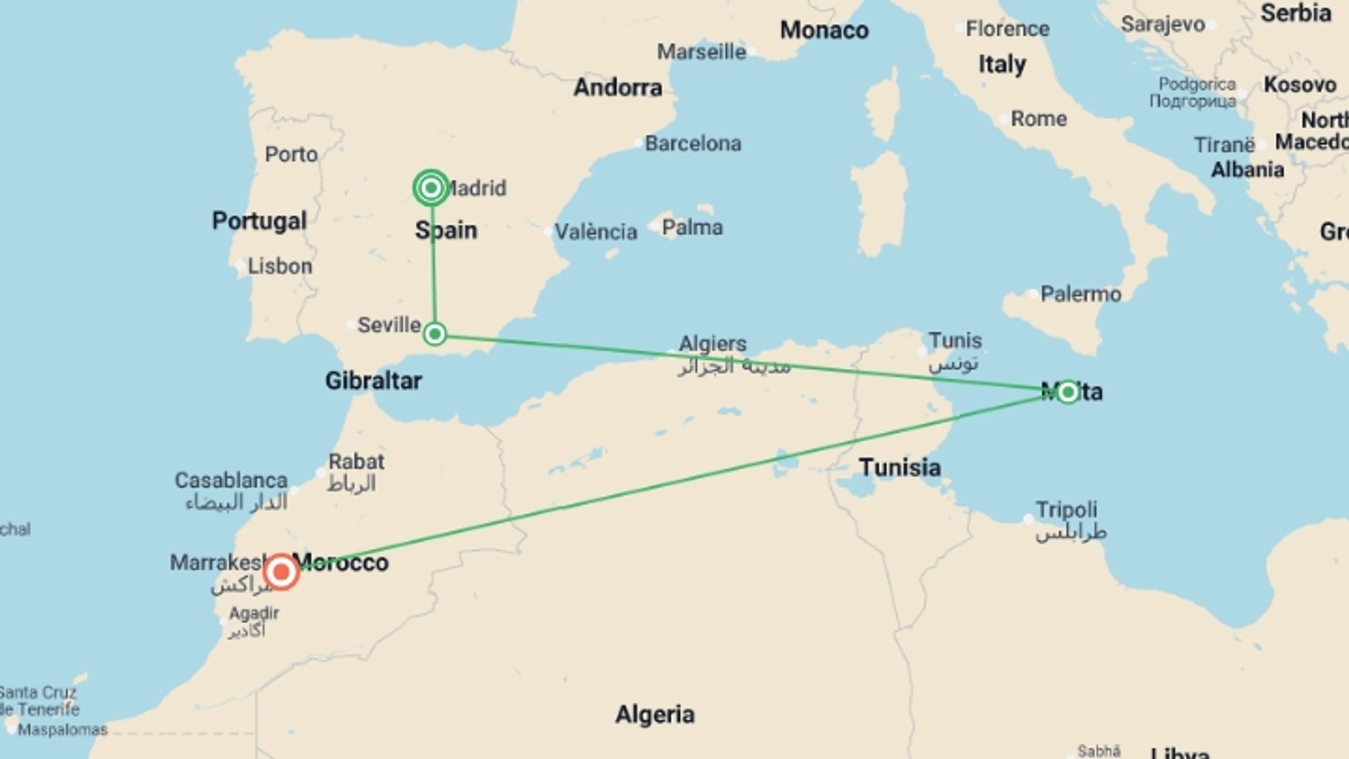 A map showing the tour itinerary for the trip: Madrid and Magical Morocco end Marrakesh, starting in Madrid, Spain and ending in Marrakech, Morocco going through 2 other destinations.