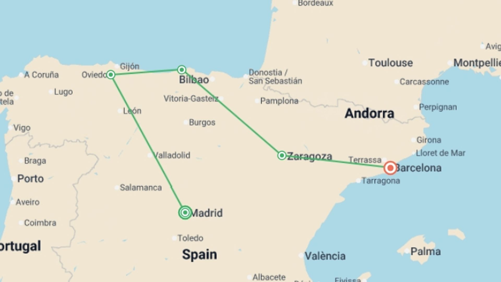 A map showing the tour itinerary for the trip: Spanish Bliss end Barcelona, starting in Madrid, Spain and ending in Barcelona, Spain going through 3 other destinations.