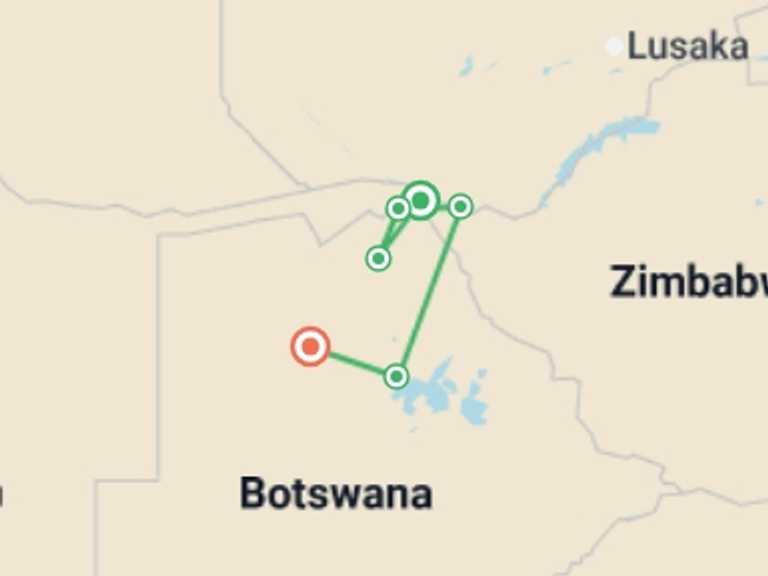 Map itinerary of Maun Tour in Spring with 6 destination visits for the trip: Premium Botswana