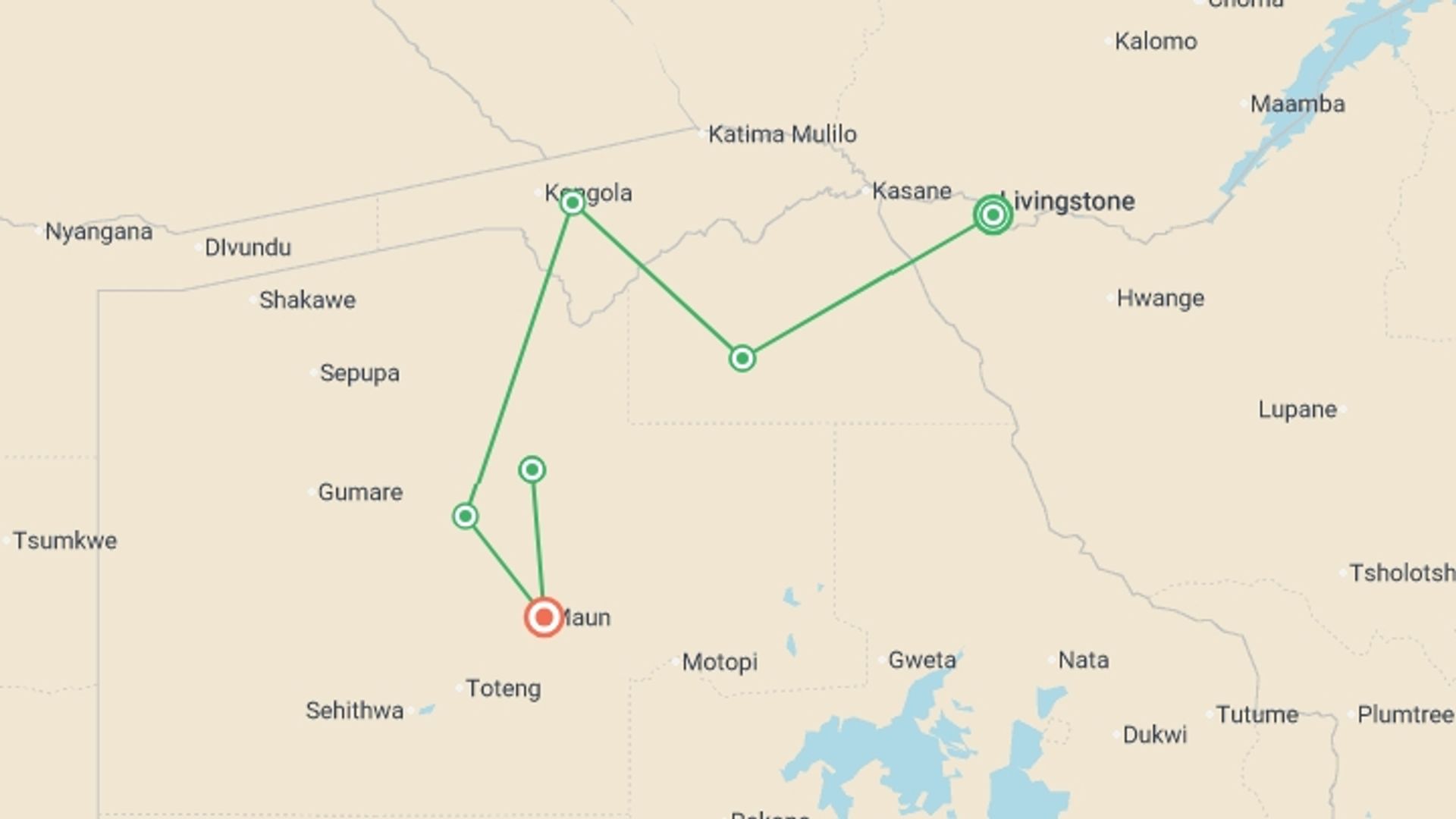 A map showing the tour itinerary for the trip: Family Botswana and Zimbabwe Safari Adventure, starting in Victoria Falls, Zimbabwe and ending in Maun, Botswana going through 5 other destinations.