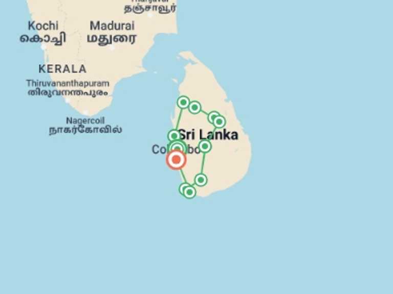 Map of Galle Cultural, religious and historic sites Tour with 11 destination visits for the trip: Active Sri Lanka
