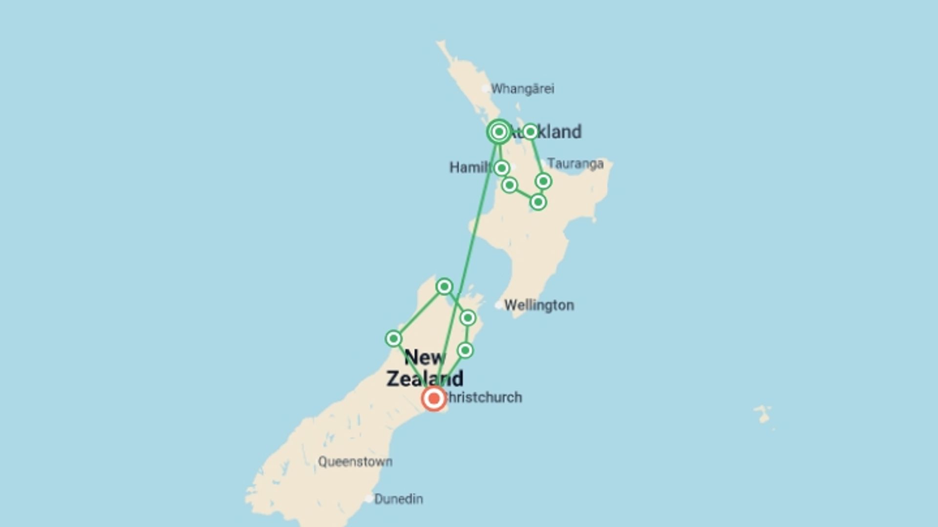 A map showing the tour itinerary for the trip: Budget Auckland, Abel Tasman & Christchurch - 14 days, starting in Auckland, New Zealand and ending in Christchurch, New Zealand going through 7 other destinations.