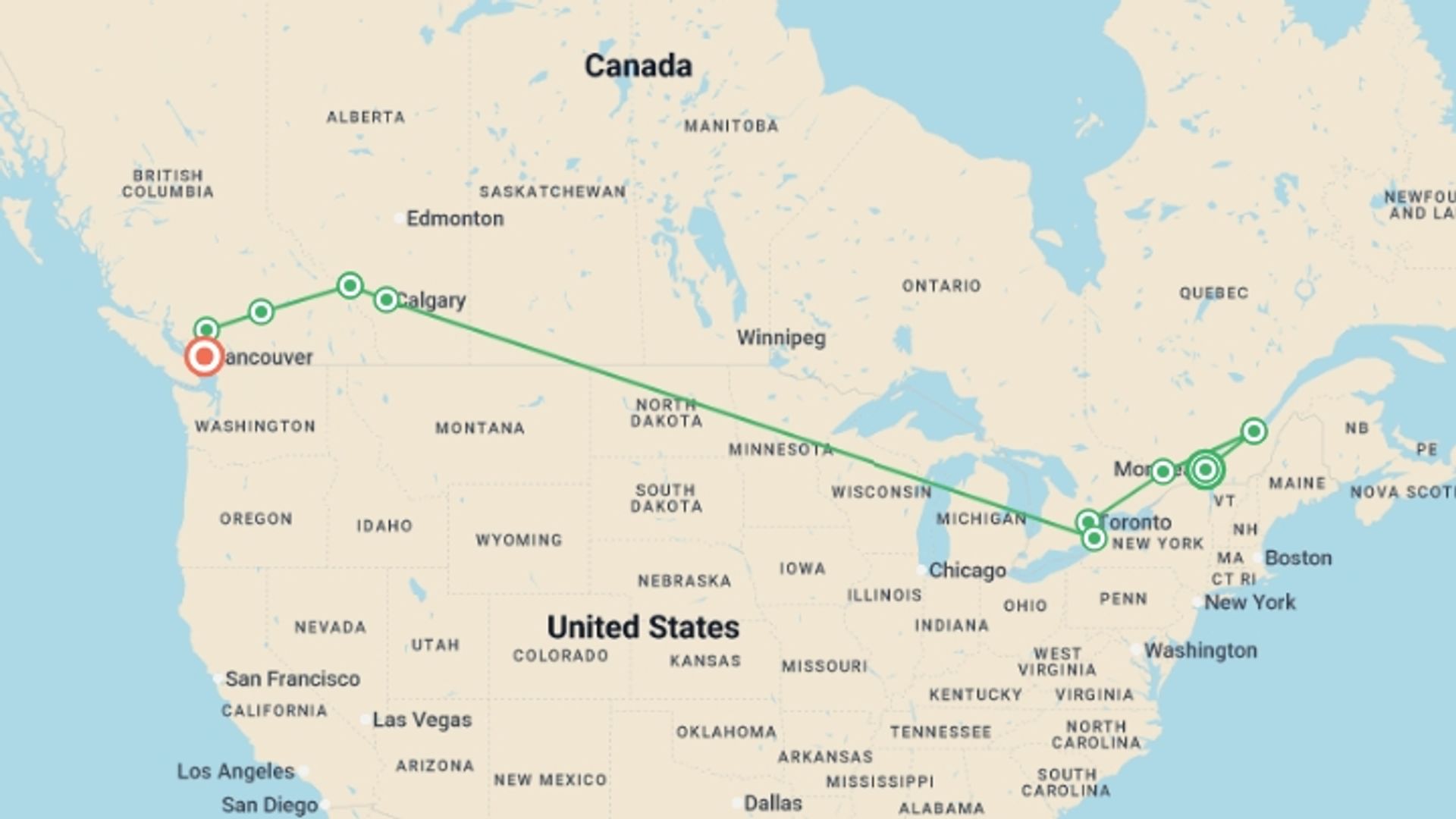 A map showing the tour itinerary for the trip: Canadian Contrasts – East-to-West Canada Tour, starting in Montreal, Canada and ending in Vancouver, Canada going through 8 other destinations.