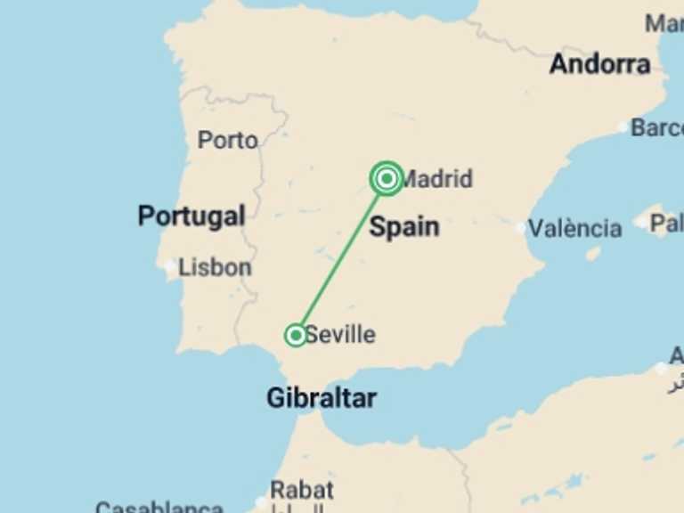Map itinerary of Spain Tour in March 2027 with 2 destination visits for the trip: Merida & Seville Explorer - 3 days
