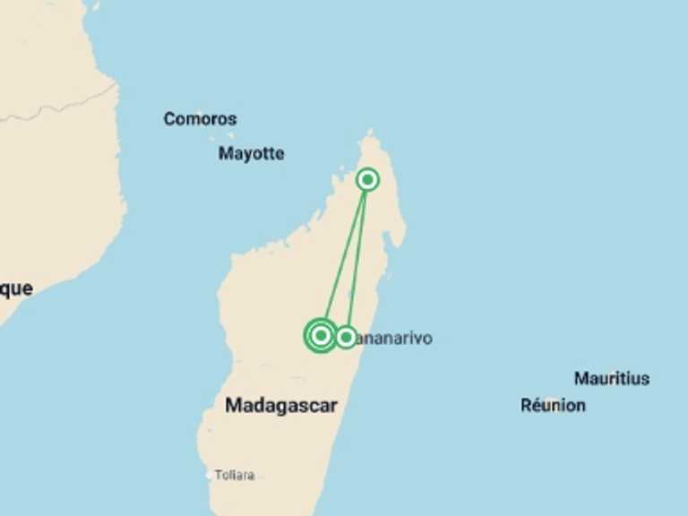 Map of Africa Wildlife safaris and game drives Tour with 4 destination visits for the trip: Culture & Wildlife of Madagascar