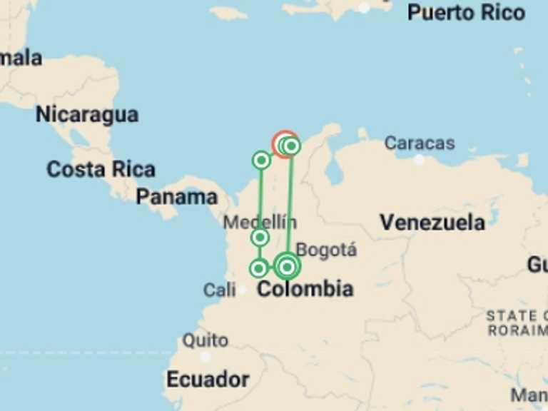 Map of a Sightseeing Tour with 12 destination visits for the trip: Colombian Culture, Caribbean & Lost City
