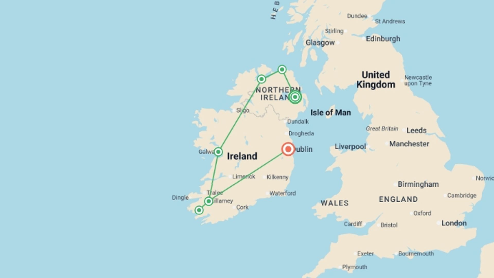 A map showing the tour itinerary for the trip: Northern & Southern Ireland, starting in Belfast, Ireland and ending in Dublin, Ireland going through 3 other destinations.