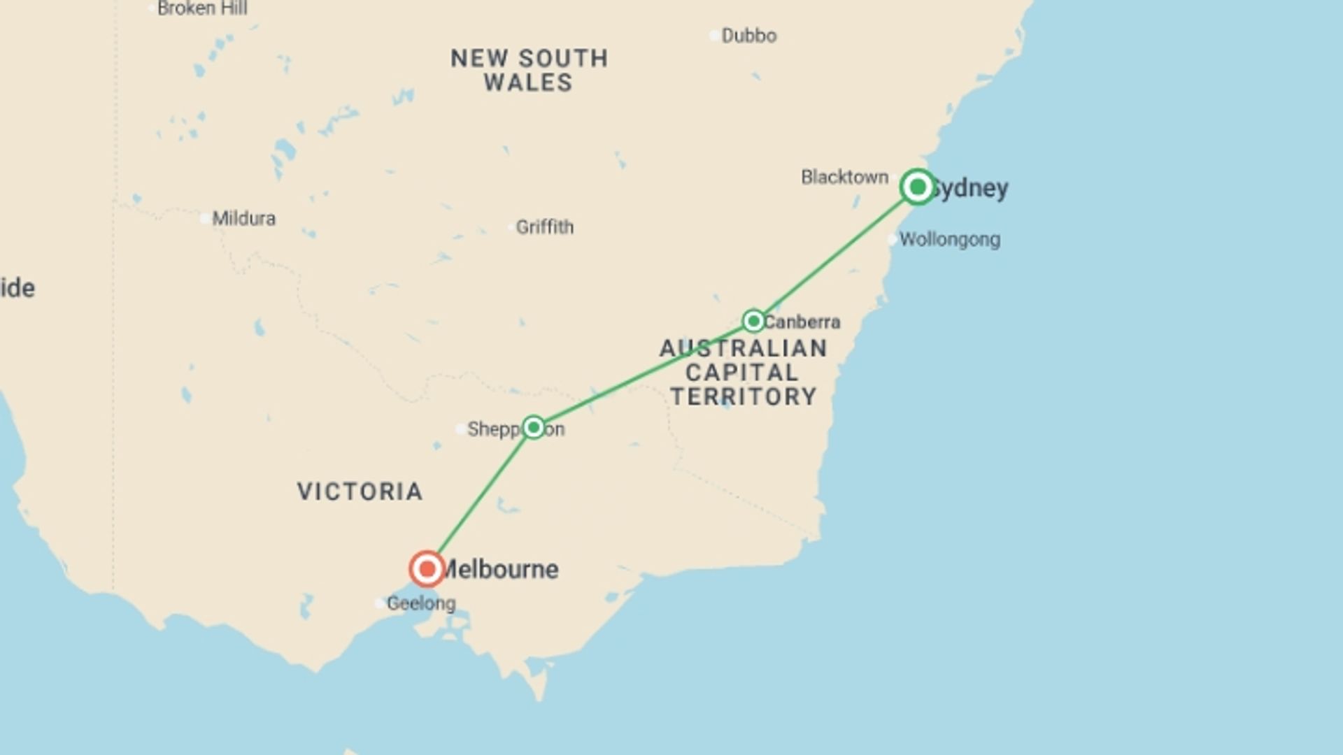 A map showing the tour itinerary for the trip: Southern Capitals - City Meets Bush, starting in Sydney and NSW, Australia and ending in Melbourne, Australia going through 3 other destinations.