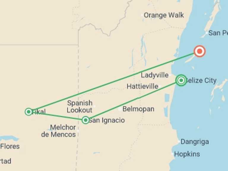 Map of a Adventure and sport Tour with 4 destination visits for the trip: Land of Belize
