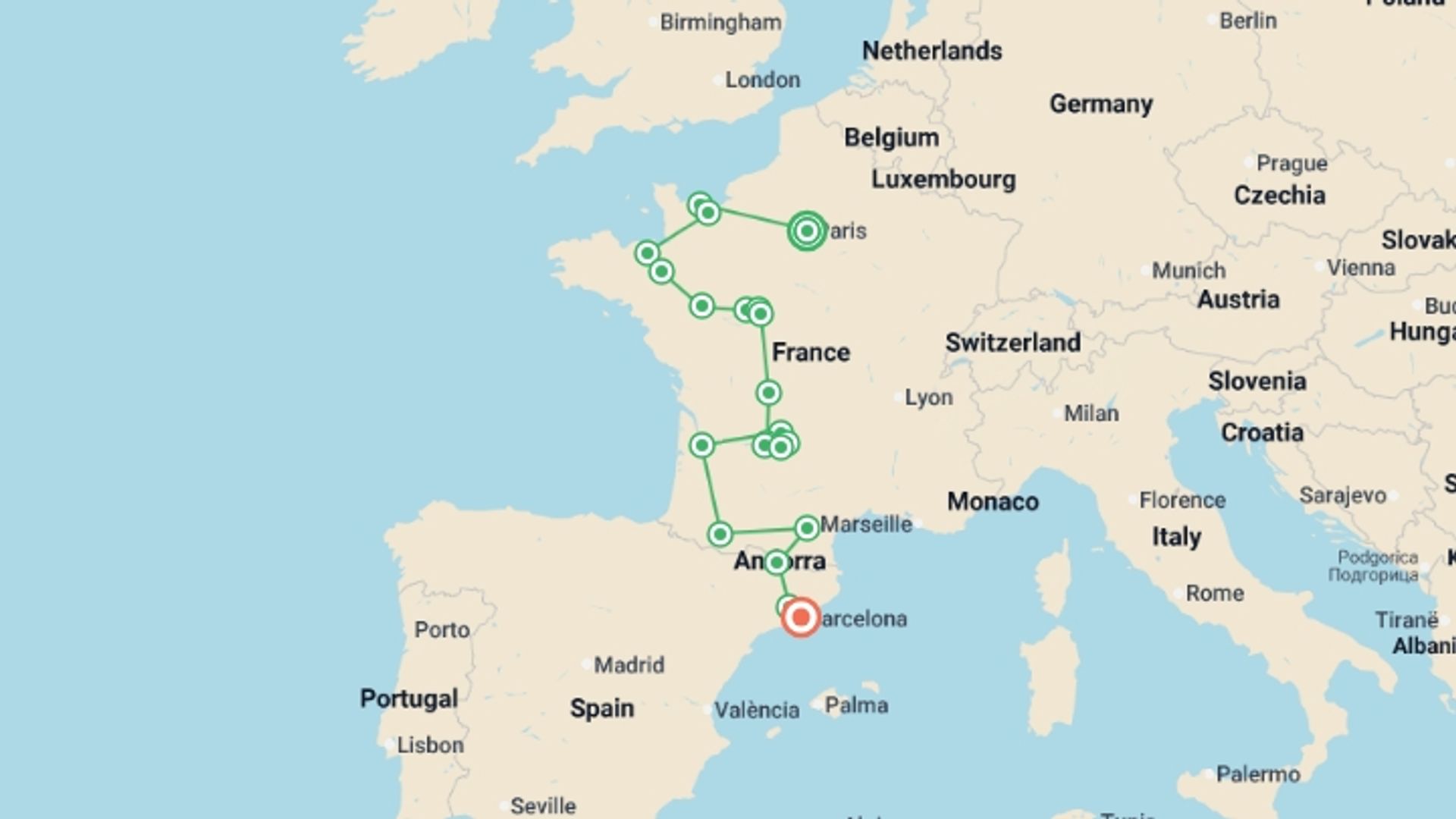 A map showing the tour itinerary for the trip: Lovely France with Barcelona, starting in Paris, France and ending in Barcelona, Spain going through 8 other destinations.