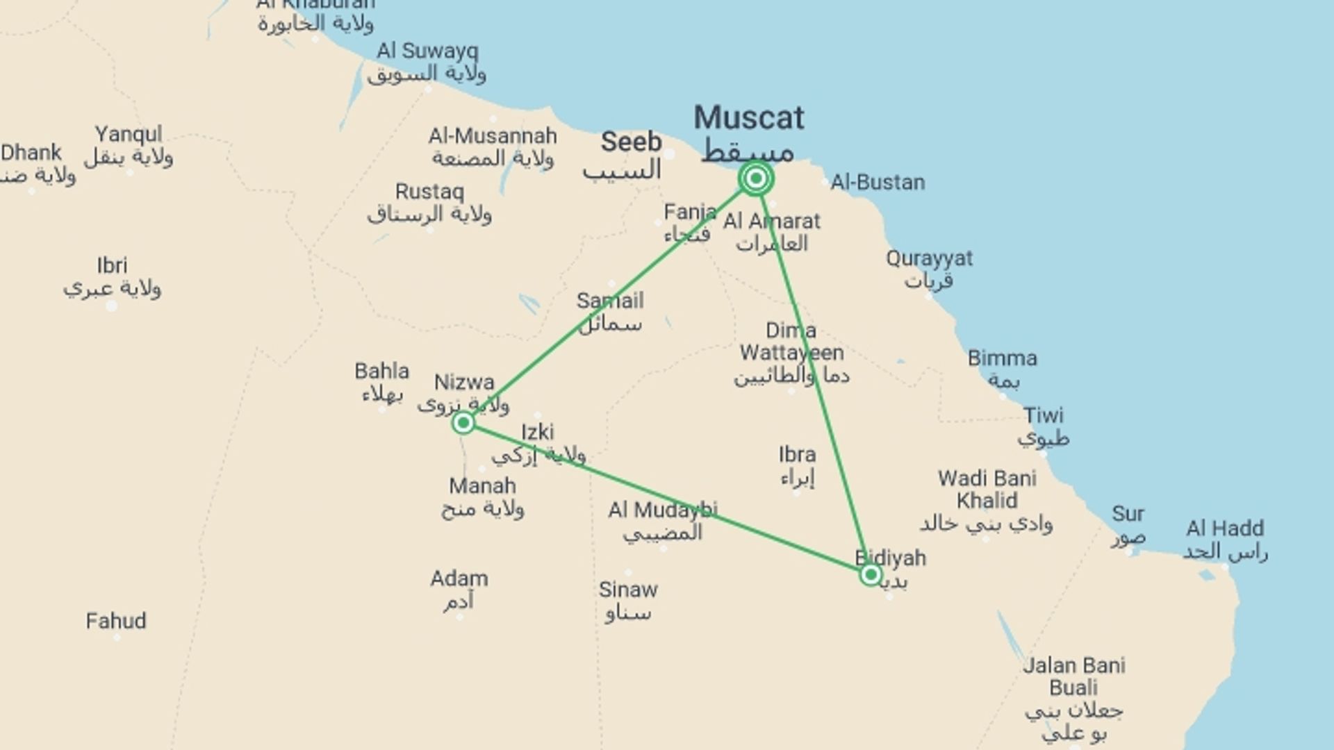 A map showing the tour itinerary for the trip: Gems Of Oman, starting in Muscat, Oman and ending in Muscat, Oman going through 1 other destinations.