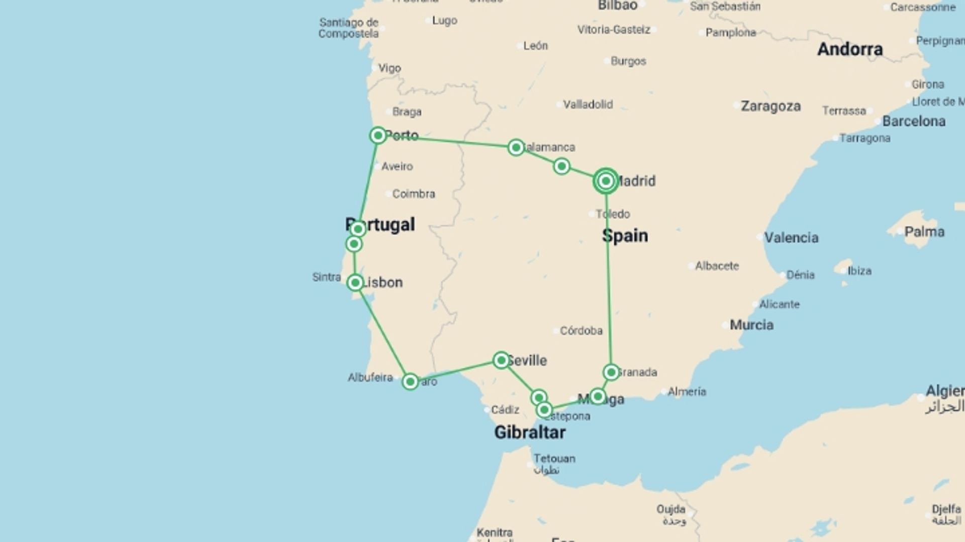 A map showing the tour itinerary for the trip: Spain & Portugal in Low Season, starting in Madrid, Spain and ending in Madrid, Spain going through 7 other destinations.