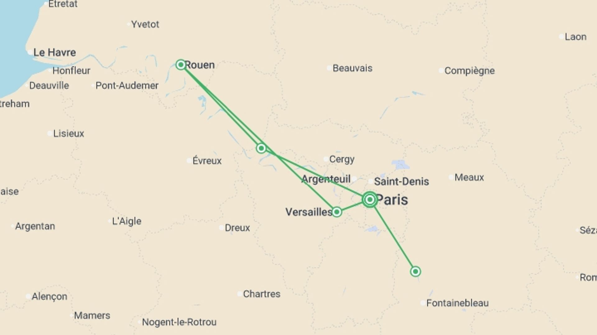 A map showing the tour itinerary for the trip: THE HISTORY OF FRANCE FROM PARIS TO NORMANDY Between heritage, landscapes, and Impressionist nuances (port-to-port cruise), starting in Paris, France and ending in Paris, France going through 4 other destinations.