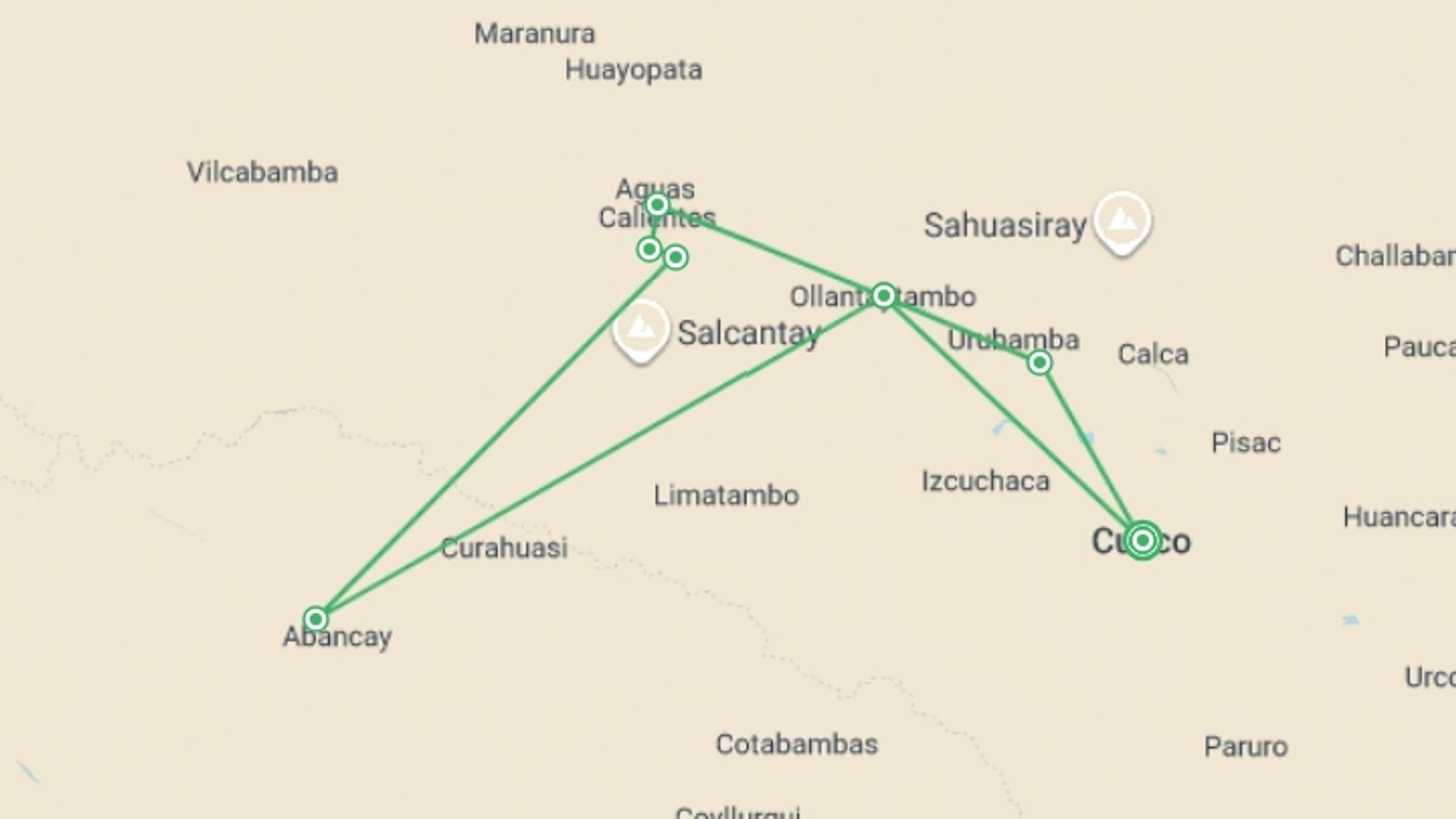 A map showing the tour itinerary for the trip: Glamping on the Inca Trail, starting in Cusco, Peru and ending in Cusco, Peru going through 5 other destinations.