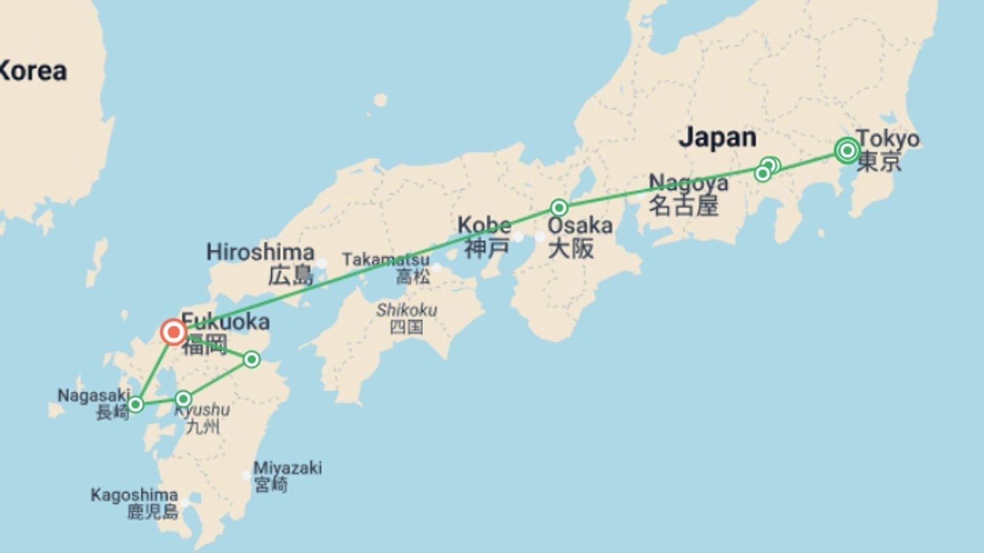A map showing the tour itinerary for the trip: Tokyo, Mount Fuji, Kyoto and Treasures of Kyushu, starting in Tokyo, Japan and ending in Fukuoka, JAPON going through 5 other destinations.