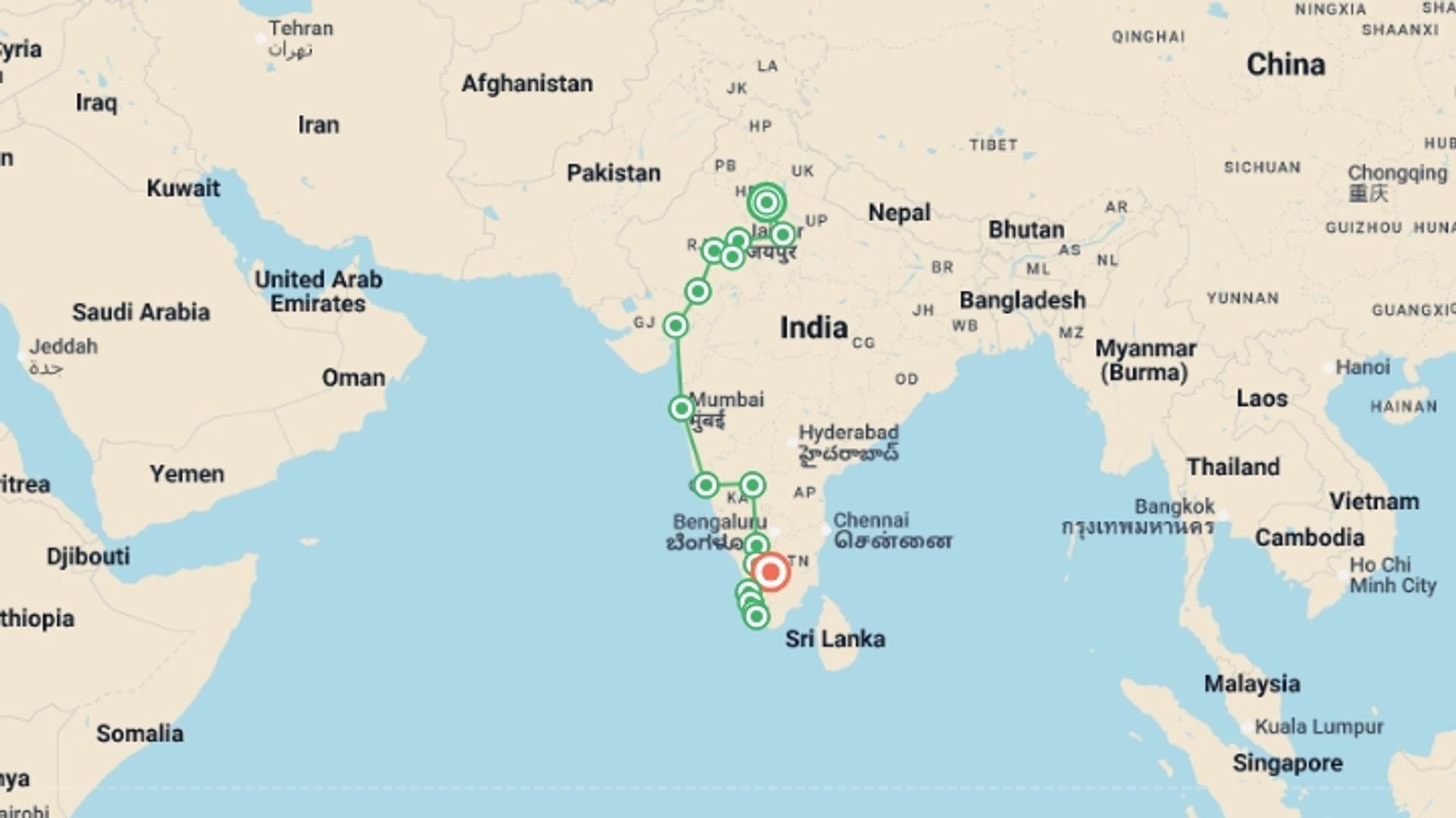 A map showing the tour itinerary for the trip: India North to South: Goa & The Golden Triangle, starting in New Delhi, India and ending in Kerala & Tamil Nadu, India going through 15 other destinations.