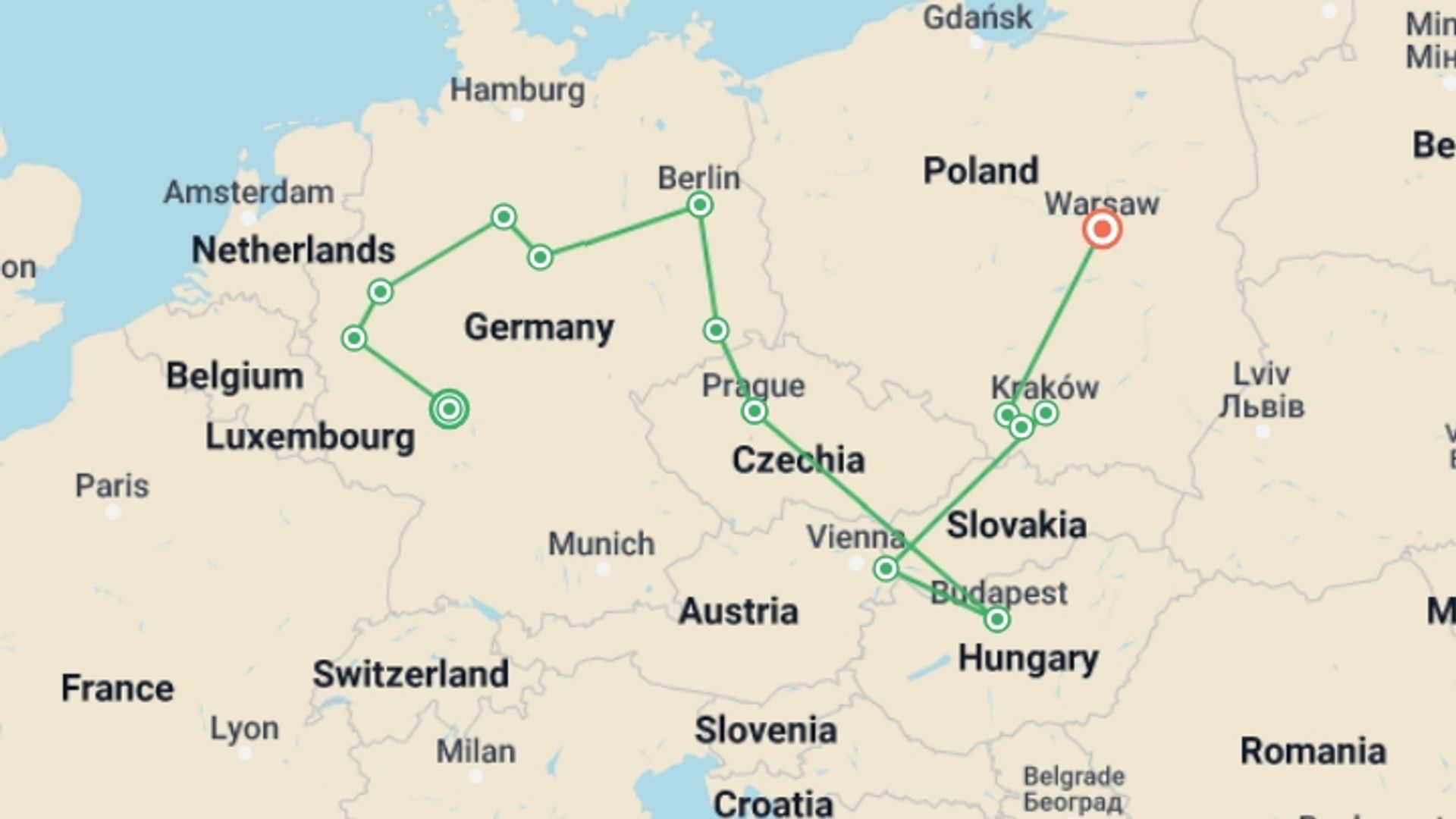 A map showing the tour itinerary for the trip: Germany and Eastern Europe, starting in Frankfurt, Germany and ending in Warsaw, Poland going through 6 other destinations.