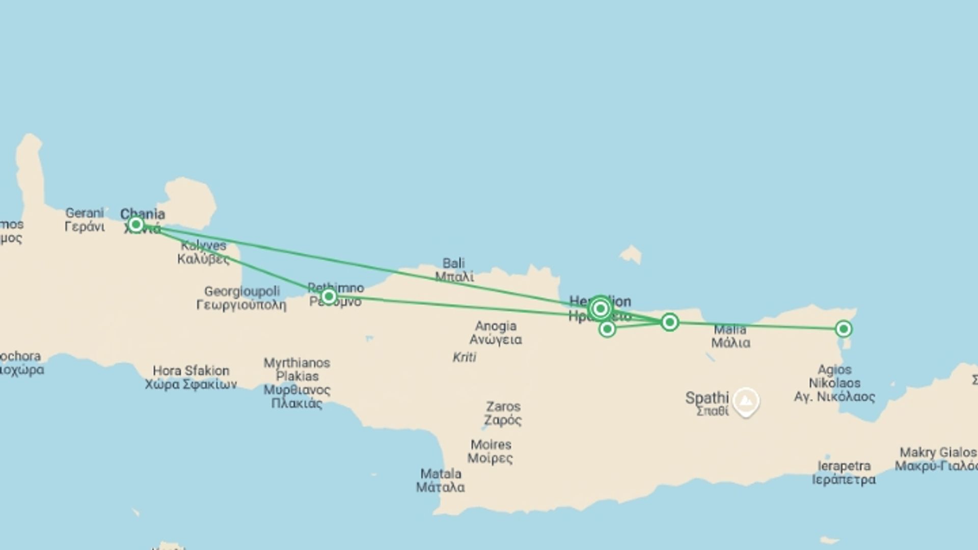 A map showing the tour itinerary for the trip: Treasures Of Crete, German-speaking Guide, starting in Heraklion, Greece and ending in Heraklion, Greece going through 1 other destinations.