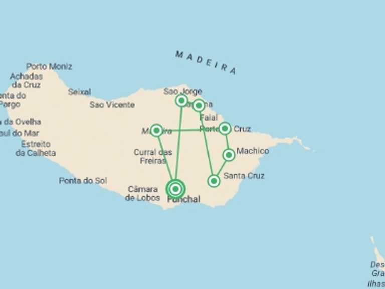 Map itinerary of Portugal Tour in August 2026 with 7 destination visits for the trip: Madeira Island Walking
