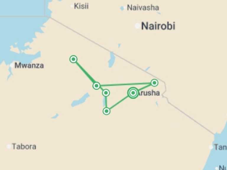 Map of Africa Tour with 6 destination visits for the trip: Simba Safari, Serena Lodges