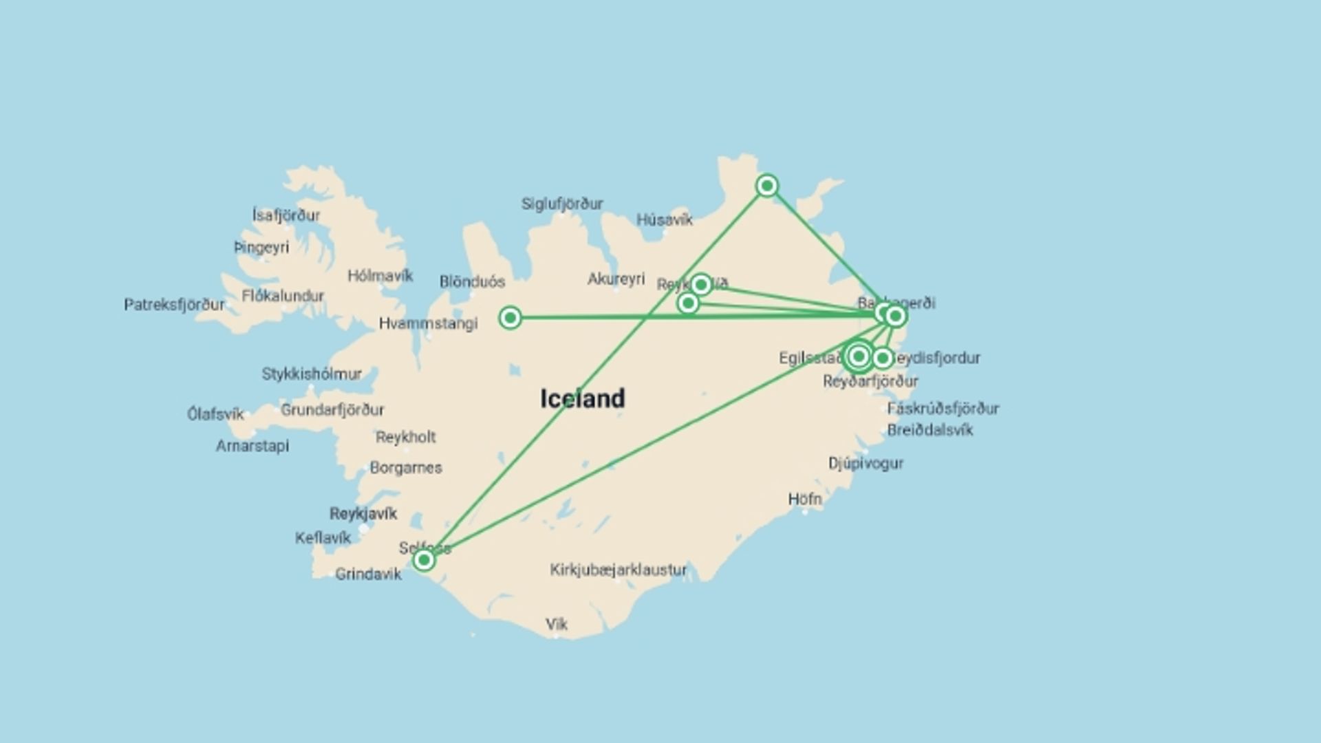 A map showing the tour itinerary for the trip: Trekking Eastern Iceland, starting in Egilsstadir, Iceland and ending in Egilsstadir, Iceland going through 2 other destinations.