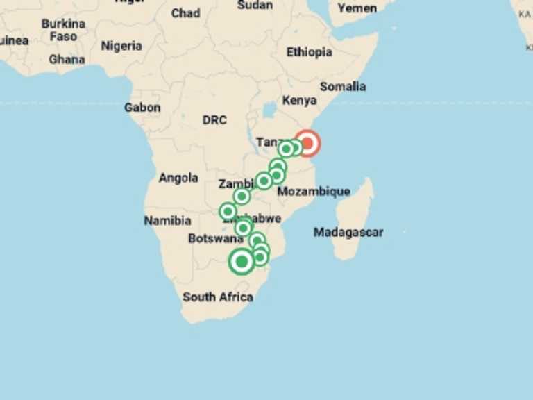 Map itinerary of Pretoria Tour in Winter with 15 destination visits for the trip: 23-day Kruger, Victoria Falls  Zanzibar Camping