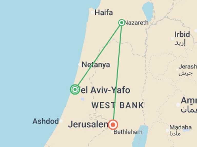 Map itinerary of Mediterranean Tour in Winter with 3 destination visits for the trip: Discover Israel