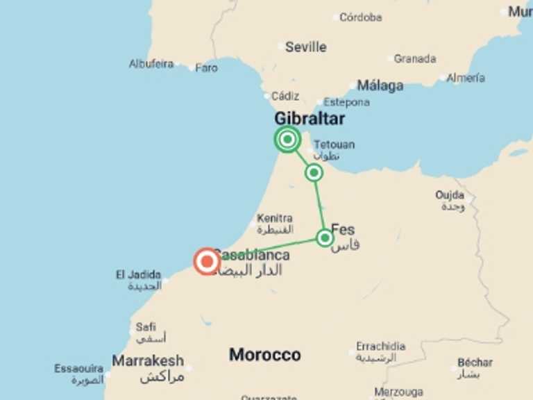 Map of 7-Day Chefchaouen Tour with 4 destination visits for the trip: Morocco Eclipse 2027: Sun, Shadow & Chefchaouen