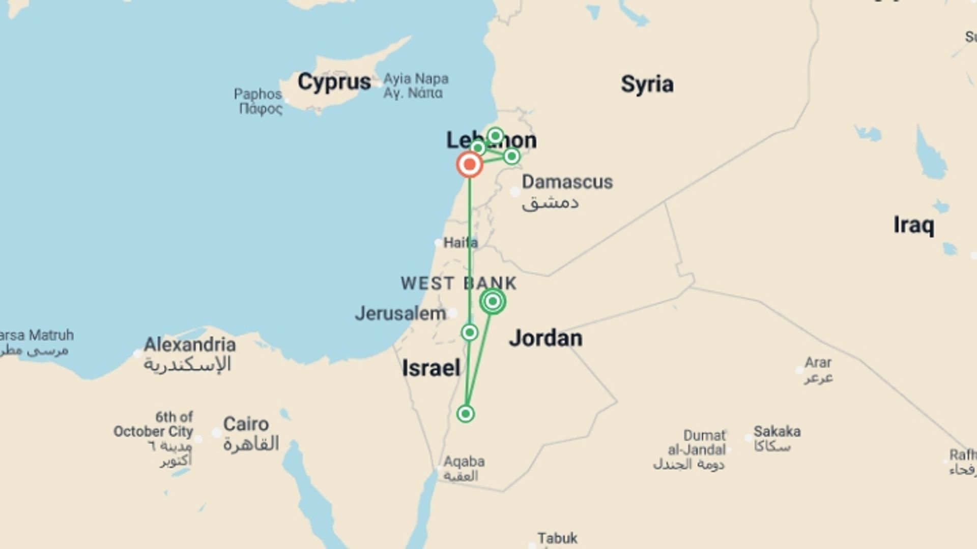 A map showing the tour itinerary for the trip: Jordan & Lebanon Express, starting in Amman, Jordan and ending in Beirut, Saudi Arabia going through 6 other destinations.