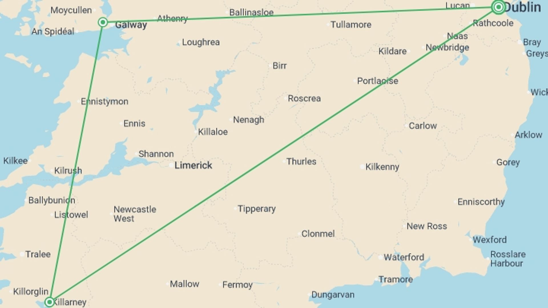 A map showing the tour itinerary for the trip: South West Ireland Uncovered - 5 days, starting in Dublin, Ireland and ending in Dublin, Ireland going through 3 other destinations.