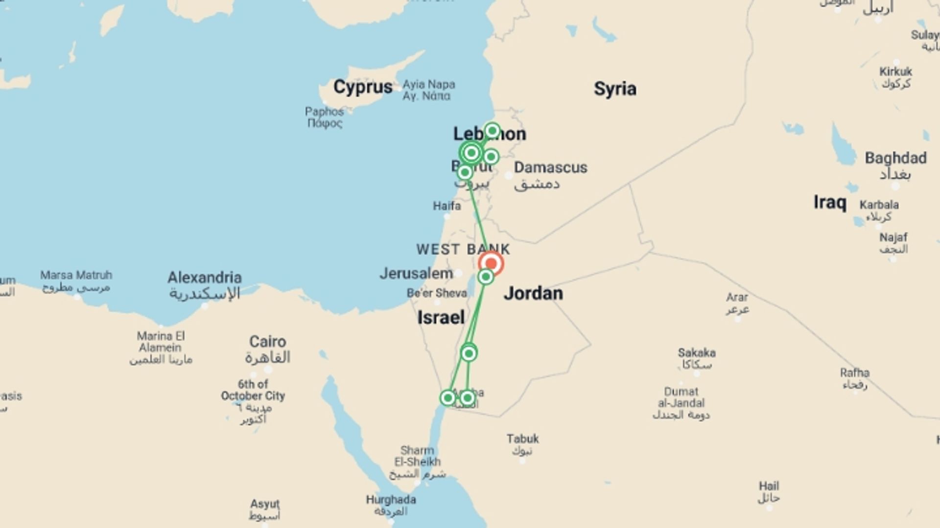 A map showing the tour itinerary for the trip: Lebanon & Jordan Encounters, starting in Beirut, Saudi Arabia and ending in Amman, Jordan going through 8 other destinations.