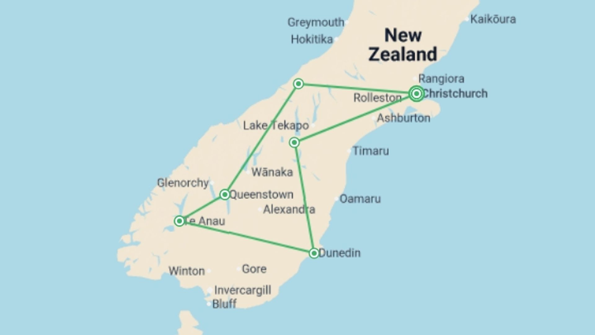 A map showing the tour itinerary for the trip: Solo South Island Escape - 11 days, starting in Christchurch, New Zealand and ending in Christchurch, New Zealand going through 4 other destinations.