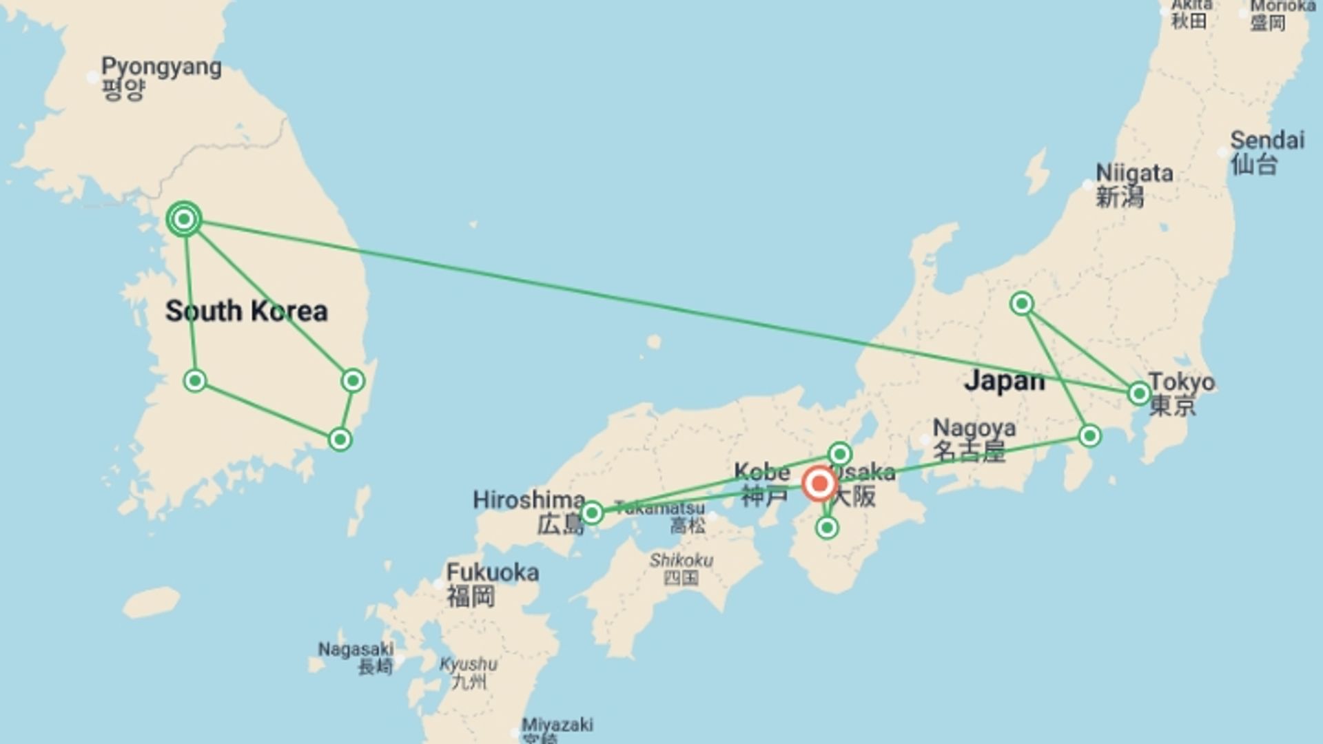 A map showing the tour itinerary for the trip: Epic South Korea & Japan - 26 days, starting in Seoul, South Korea and ending in Osaka, Japan going through 9 other destinations.