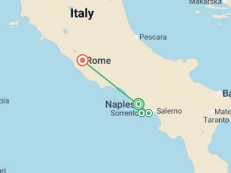 Map itinerary of Europe Tour in May 2026 with 4 destination visits for the trip: Journeys:  Southern Italy, Naples to Rome