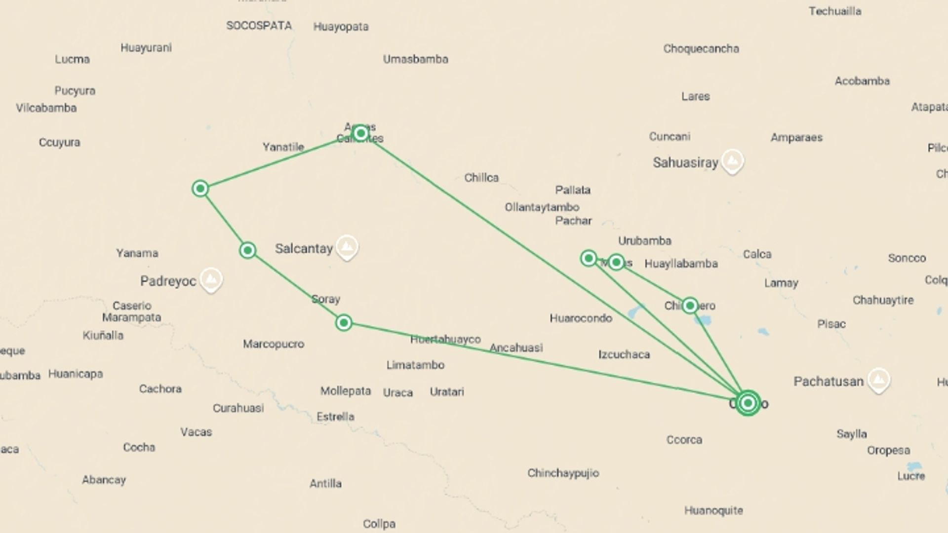 A map showing the tour itinerary for the trip: Ultimate Machu Picchu - Salkantay Trek, starting in Cusco, Peru and ending in Cusco, Peru going through 5 other destinations.