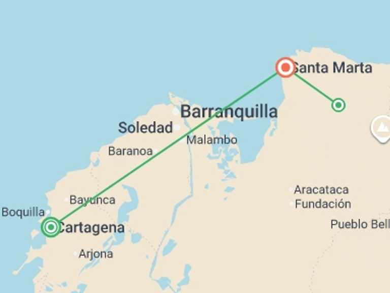 Map itinerary of Colombia Tour in January 2027 with 3 destination visits for the trip: Lost City Trekking in Colombia
