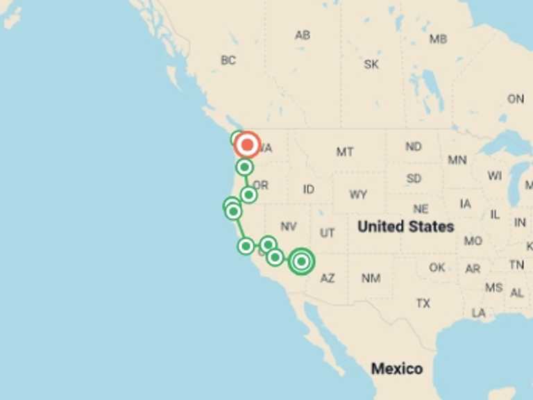 Map of a Explorer Tour with 9 destination visits for the trip: West Coast Discovery
