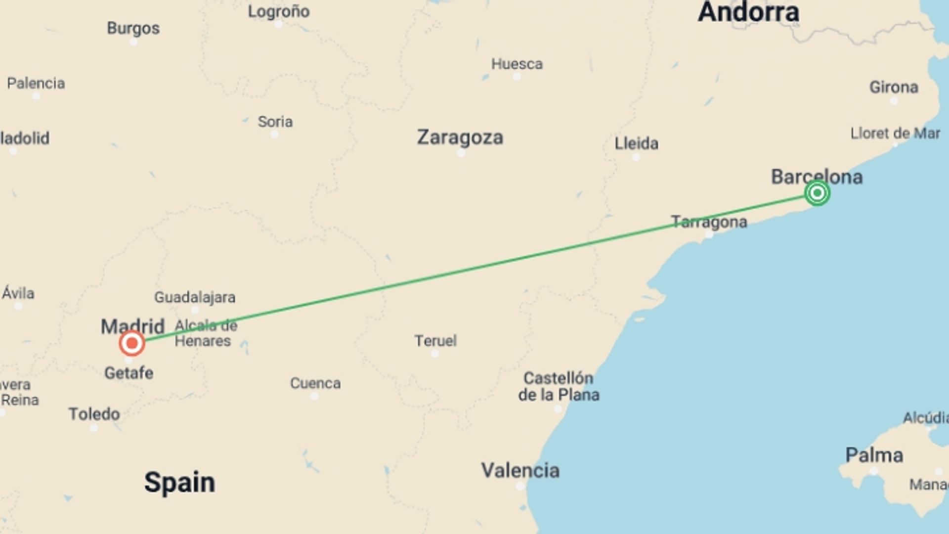 A map showing the tour itinerary for the trip: Spain Family Journey: Vibrant Cities and Artistic Icons, starting in Barcelona, Spain and ending in Madrid, Spain going through 0 other destinations.