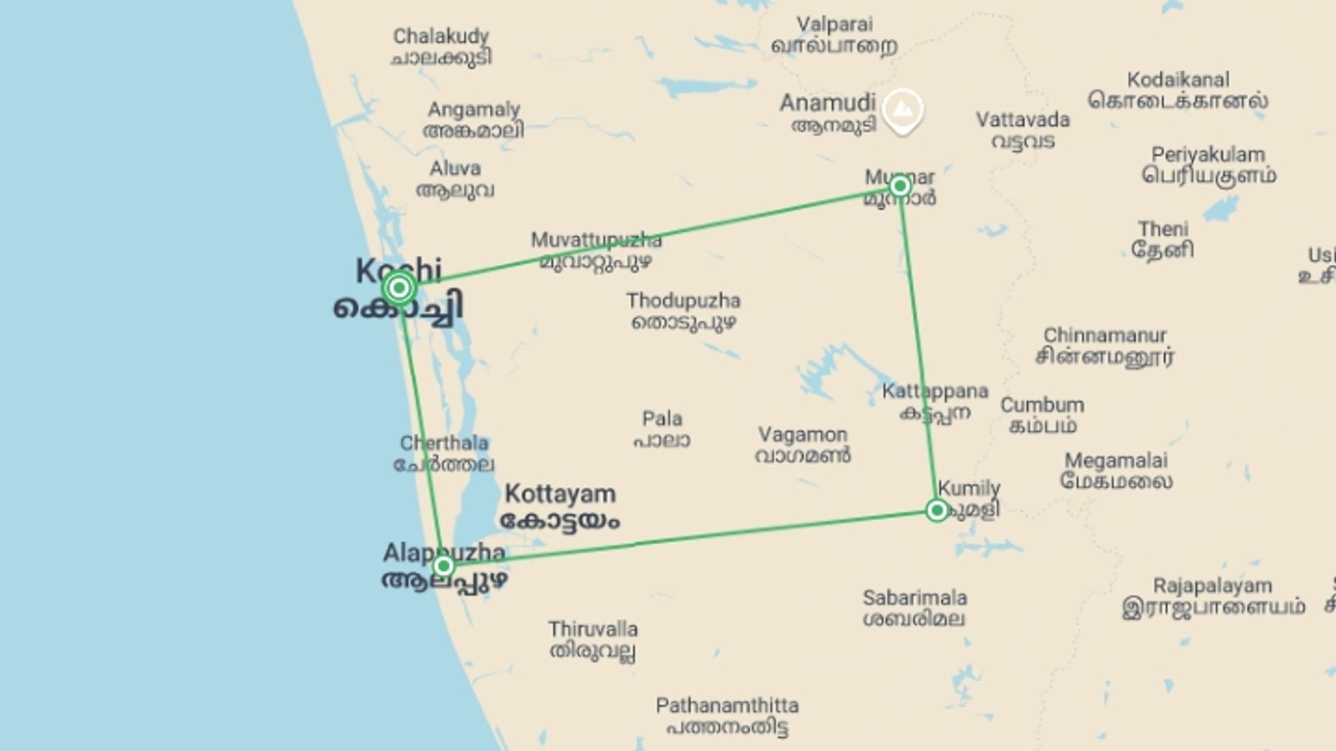 A map showing the tour itinerary for the trip: Kochi, Kerala & Munnar - 5 days, starting in Kochi, India and ending in Kochi, India going through 4 other destinations.