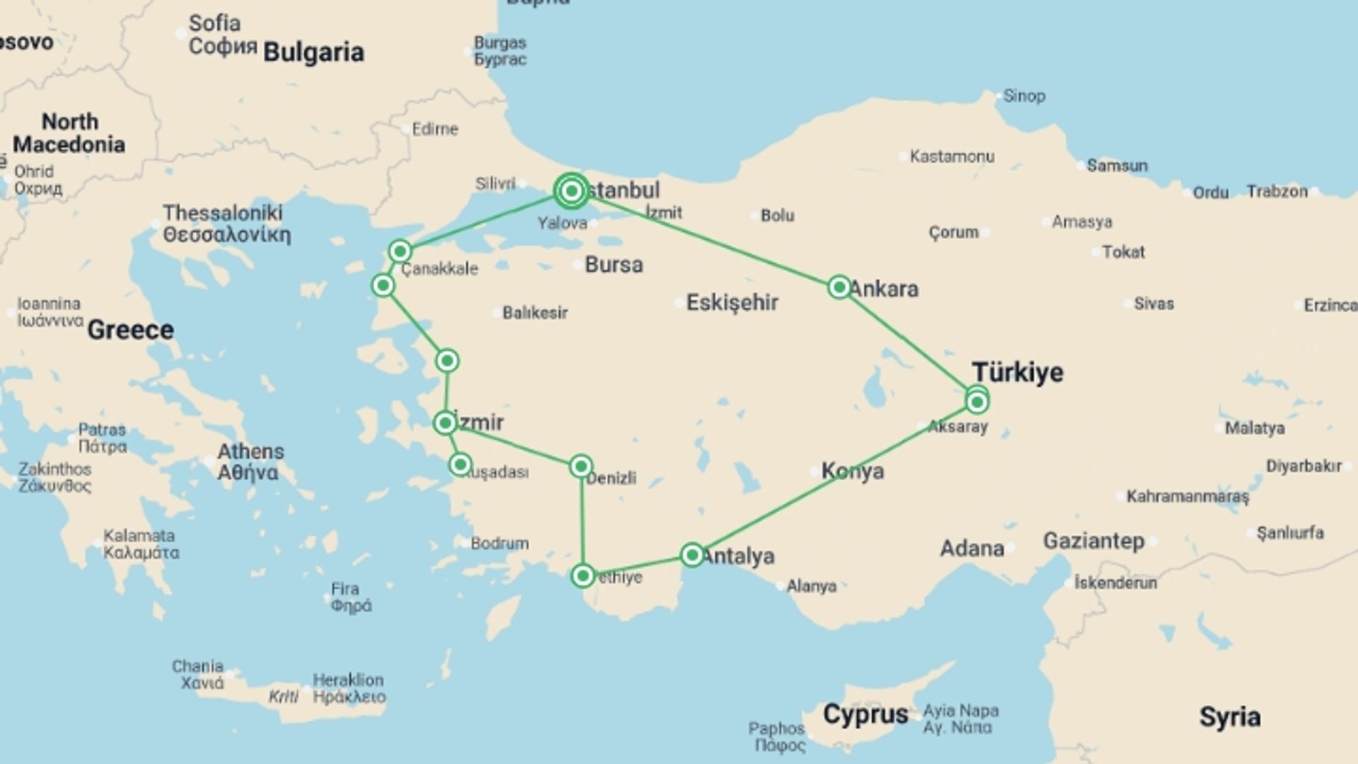 A map showing the tour itinerary for the trip: Ottoman Odyssey - 15 days , starting in Istanbul, Turkey and ending in Istanbul, Turkey going through 8 other destinations.