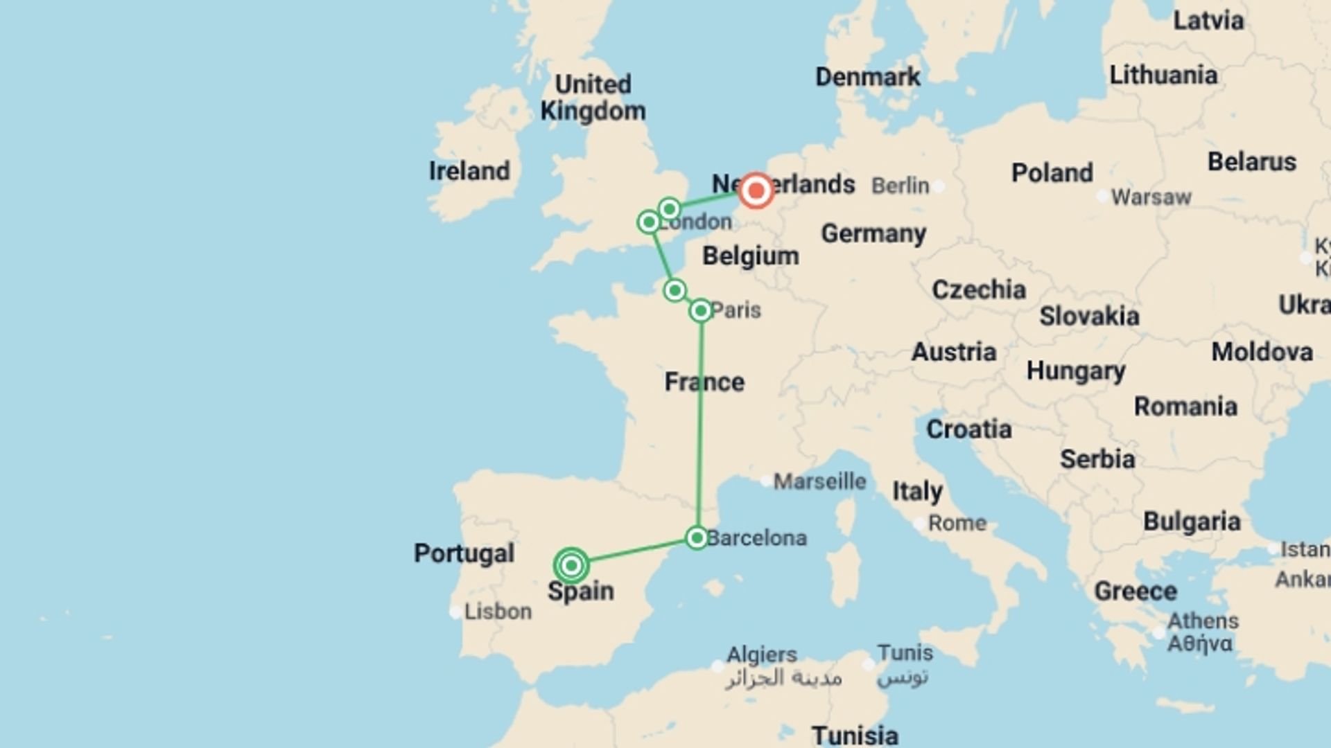 A map showing the tour itinerary for the trip: Modern Europe, starting in Madrid, Spain and ending in Amsterdam, Holland going through 5 other destinations.