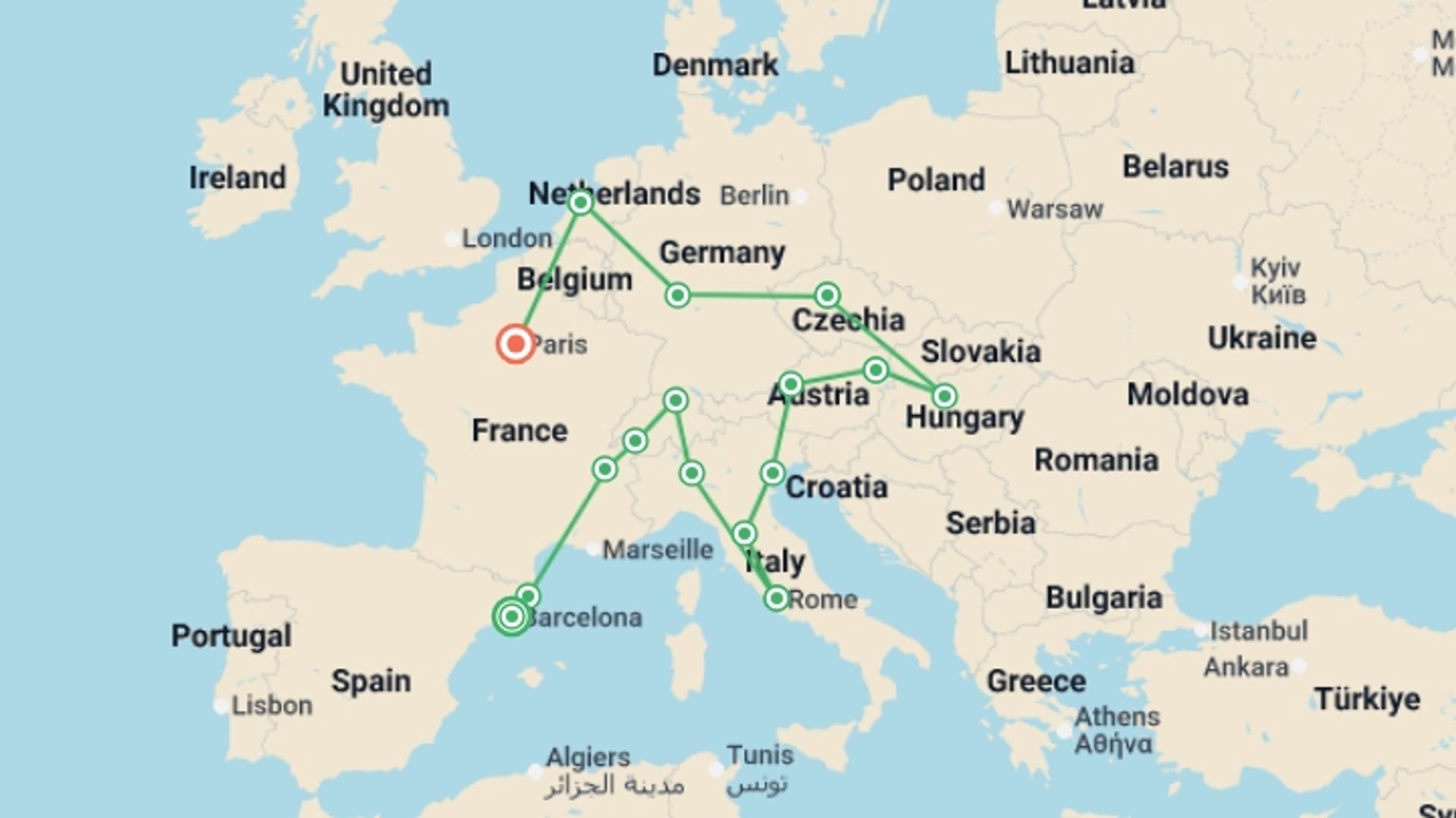 A map showing the tour itinerary for the trip: Unforgettable Panorama, starting in Barcelona, Spain and ending in Paris, France going through 14 other destinations.