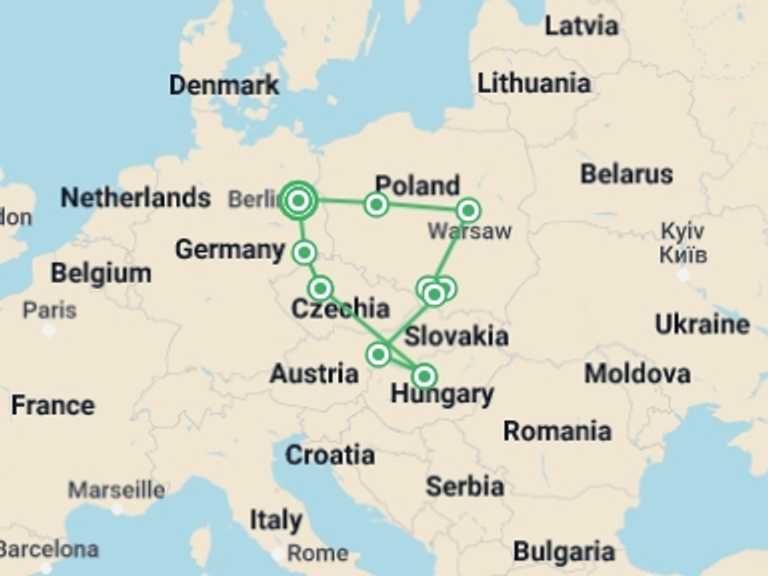 Map of 11-Day Berlin Tour with 6 destination visits for the trip: Berlin, Prague, Budapest, and Poland
