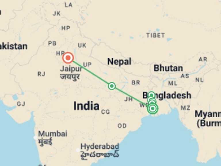 Map of 10-Day India Tour with 8 destination visits for the trip: Cruise on the Ganges: The Sacred Waters between Kolkata and Varanasi (port-to-port cruise)