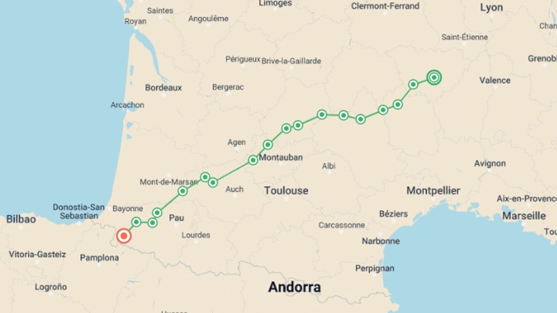 A map showing the tour itinerary for the trip: Full Le Puy Camino by Bike, starting in Le Puy-en-Velay, France and ending in Saint-Jean-Pied-de-Port, France going through 15 other destinations.