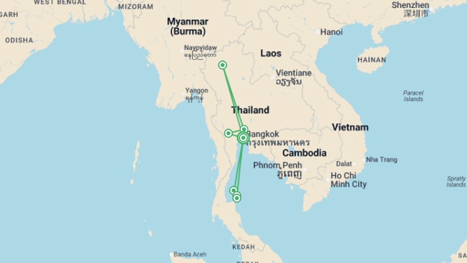 A map showing the tour itinerary for the trip: Classic Thailand & Island Hopping - East Coast, starting in Bangkok, Thailand and ending in Bangkok, Thailand going through 5 other destinations.